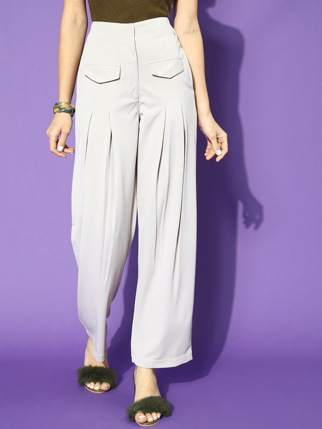 STREET 9 Women Beautiful Grey Solid Straight Fit Trousers