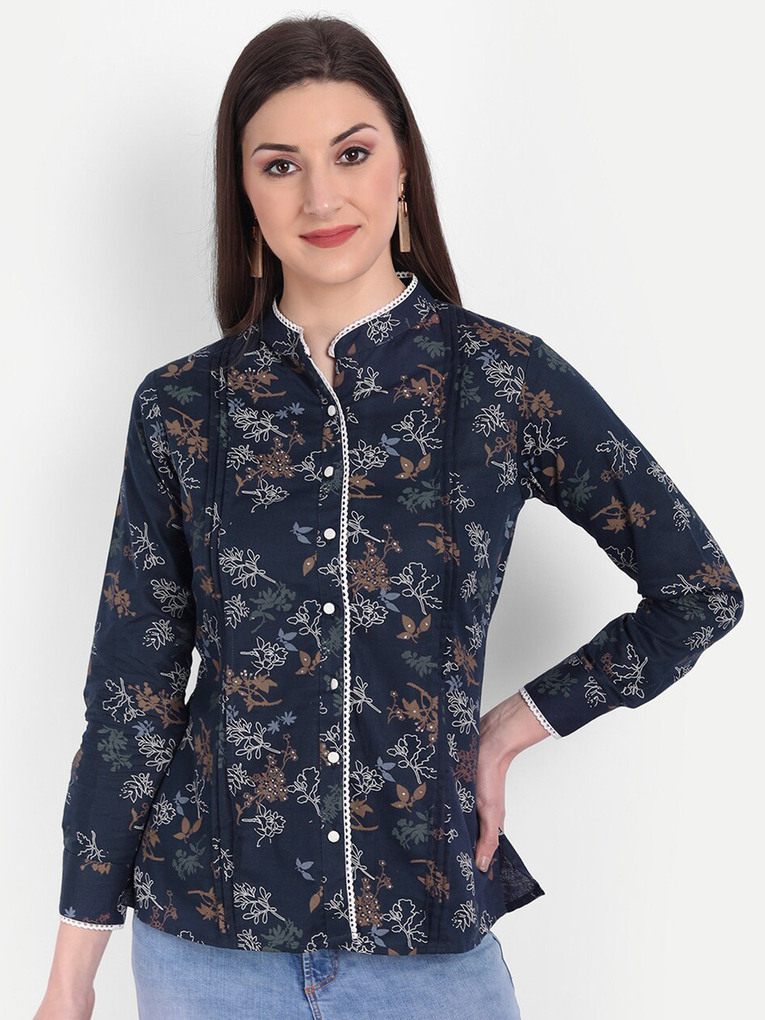 HK colours of fashion Navy Blue Floral Print Mandarin Collar Shirt Style Top