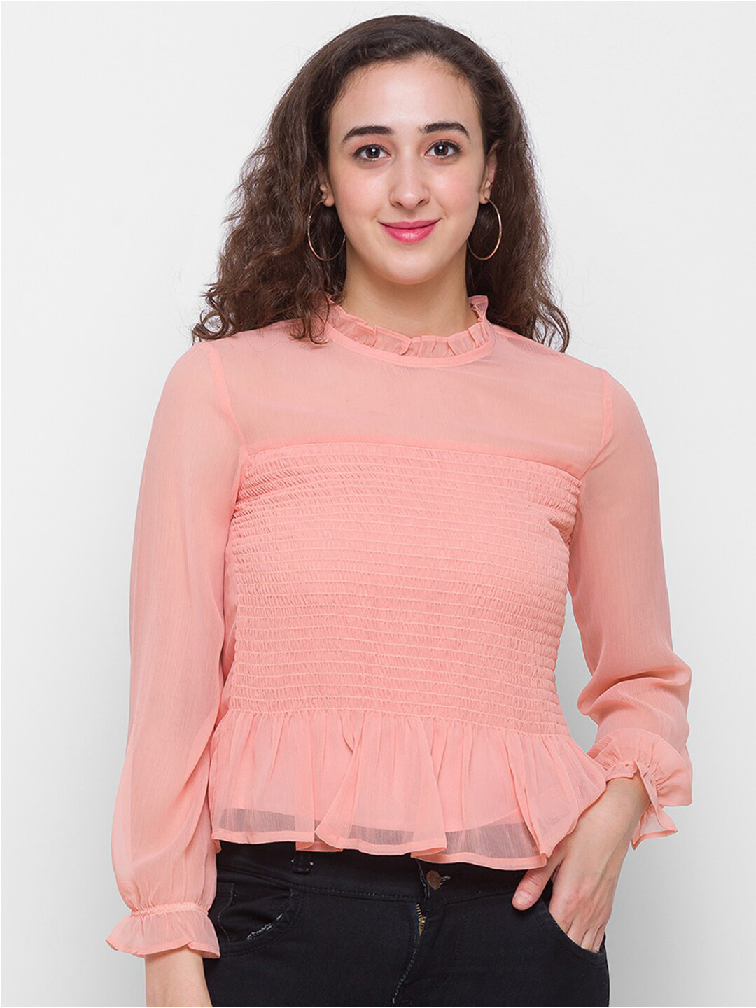 Globus Peach-Coloured Chiffon Cuffed Sleeves Peplum Top
