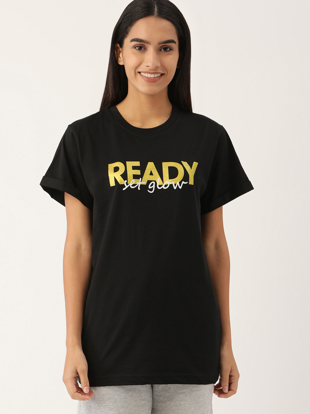 Kryptic Women Black Printed Pure Cotton Oversized Longline Tshirt