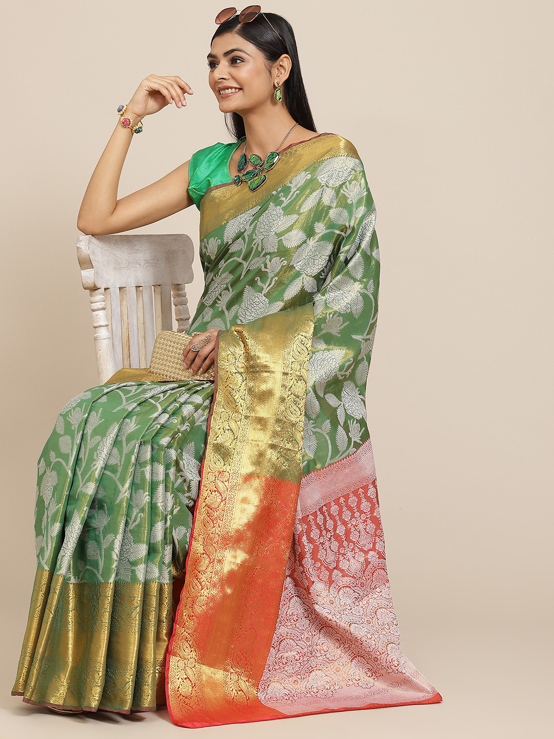 Silk Land Green & White Ethnic Motifs Zari Ikat Saree