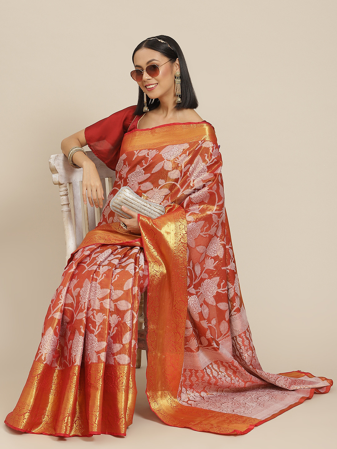 Silk Land Red & White Ethnic Motifs Zari Ikat Saree