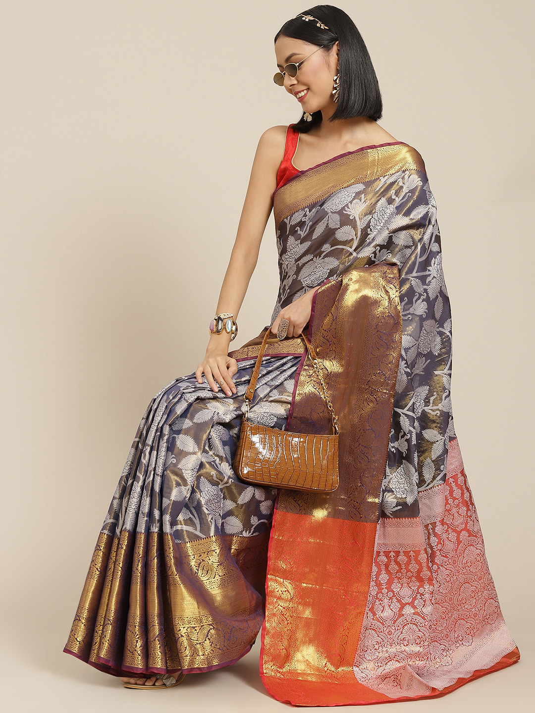 Silk Land Navy Blue & White Ethnic Motifs Zari Ikat Saree