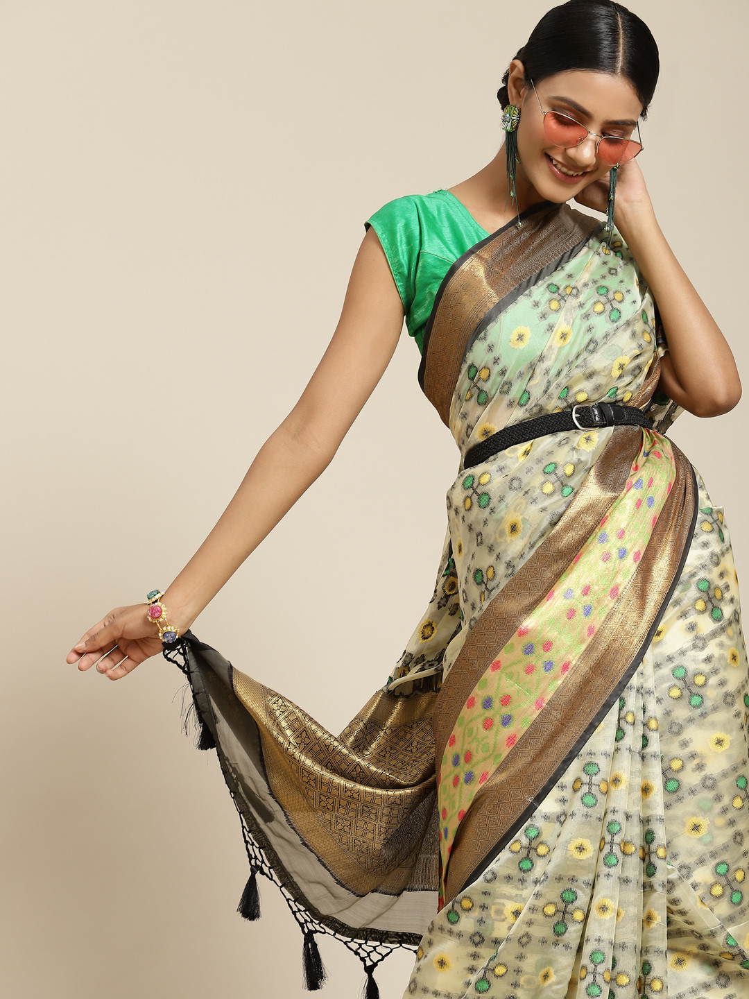 Silk Land Beige & Green Ethnic Motifs Pochampally Saree