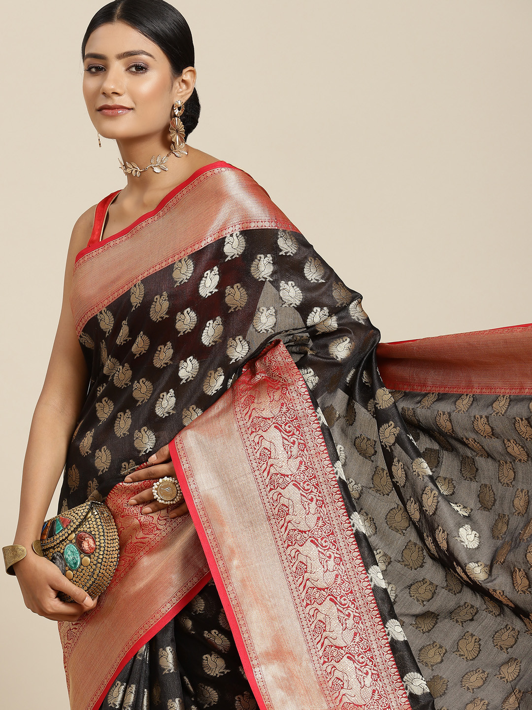 Silk Land Black & Red Woven Design Zari Kanjeevaram Saree