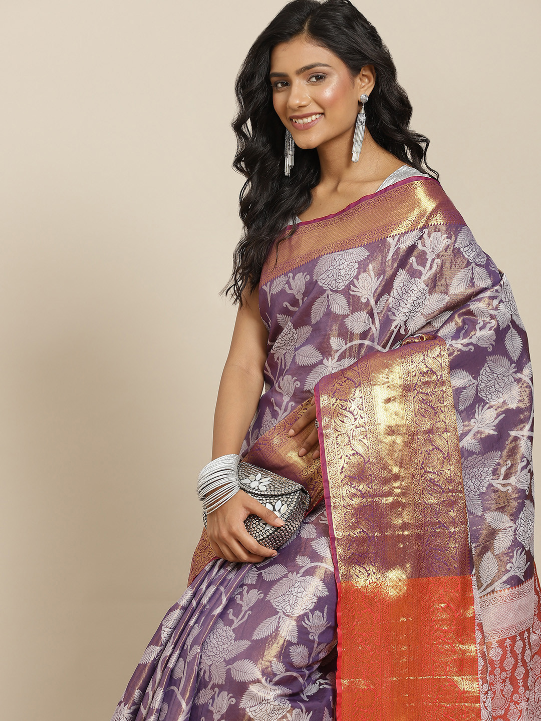 Silk Land Purple Ethnic Motifs Zari Saree