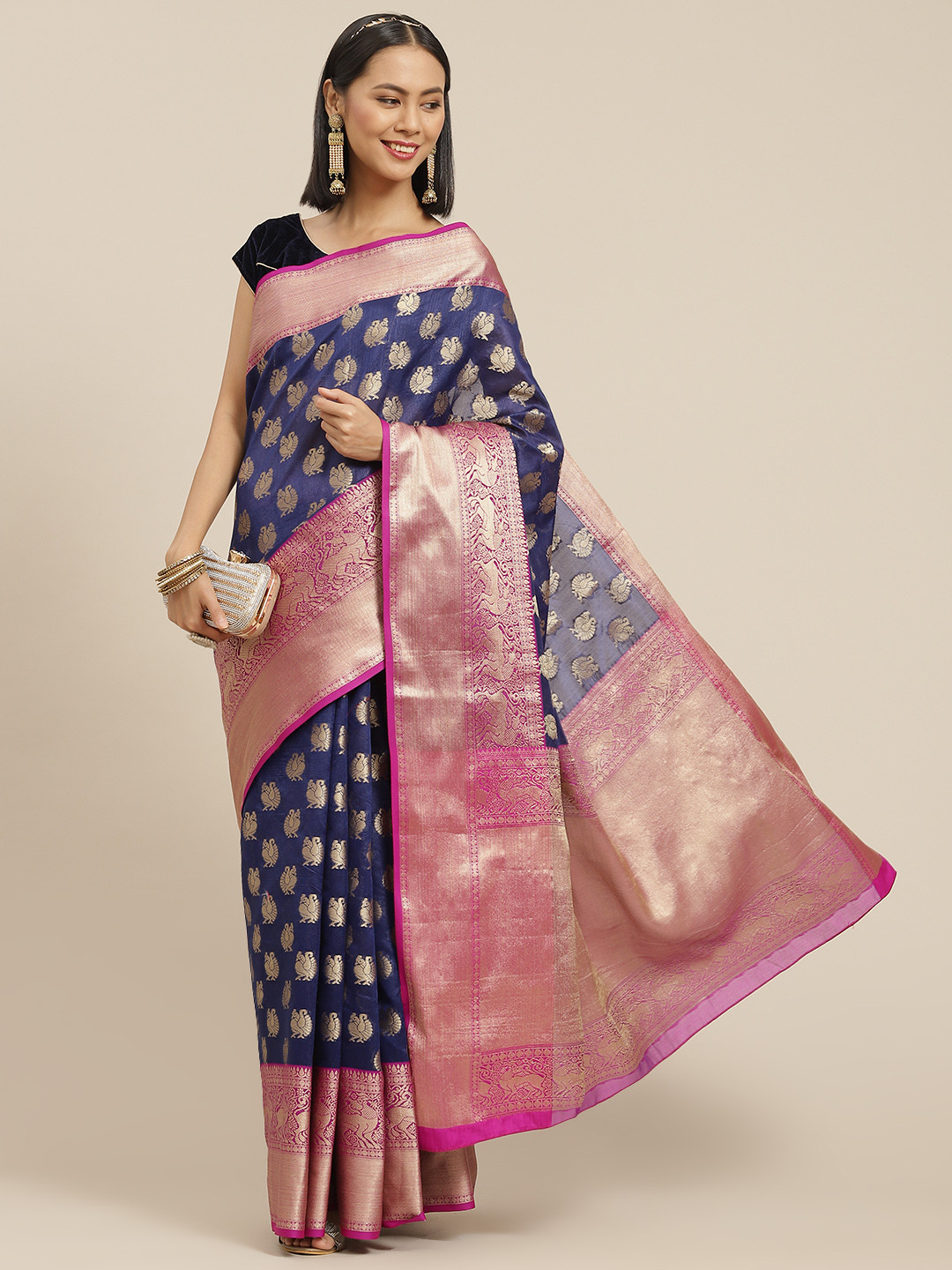 Silk Land Navy Blue & Pink Woven Design Zari Kanjeevaram Saree