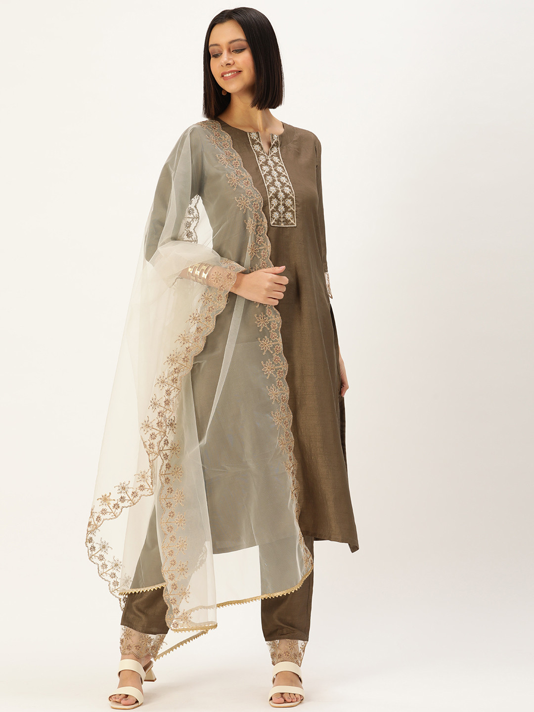 heemara Women Olive Brown Kurta with Trousers & With Dupatta