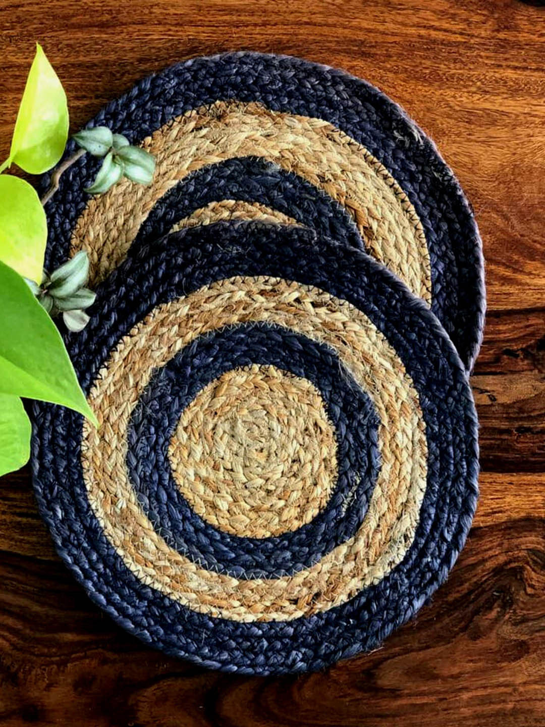 JASMEY HOMES Set Of 2 Blue Dual Ring Jute Table Placemats