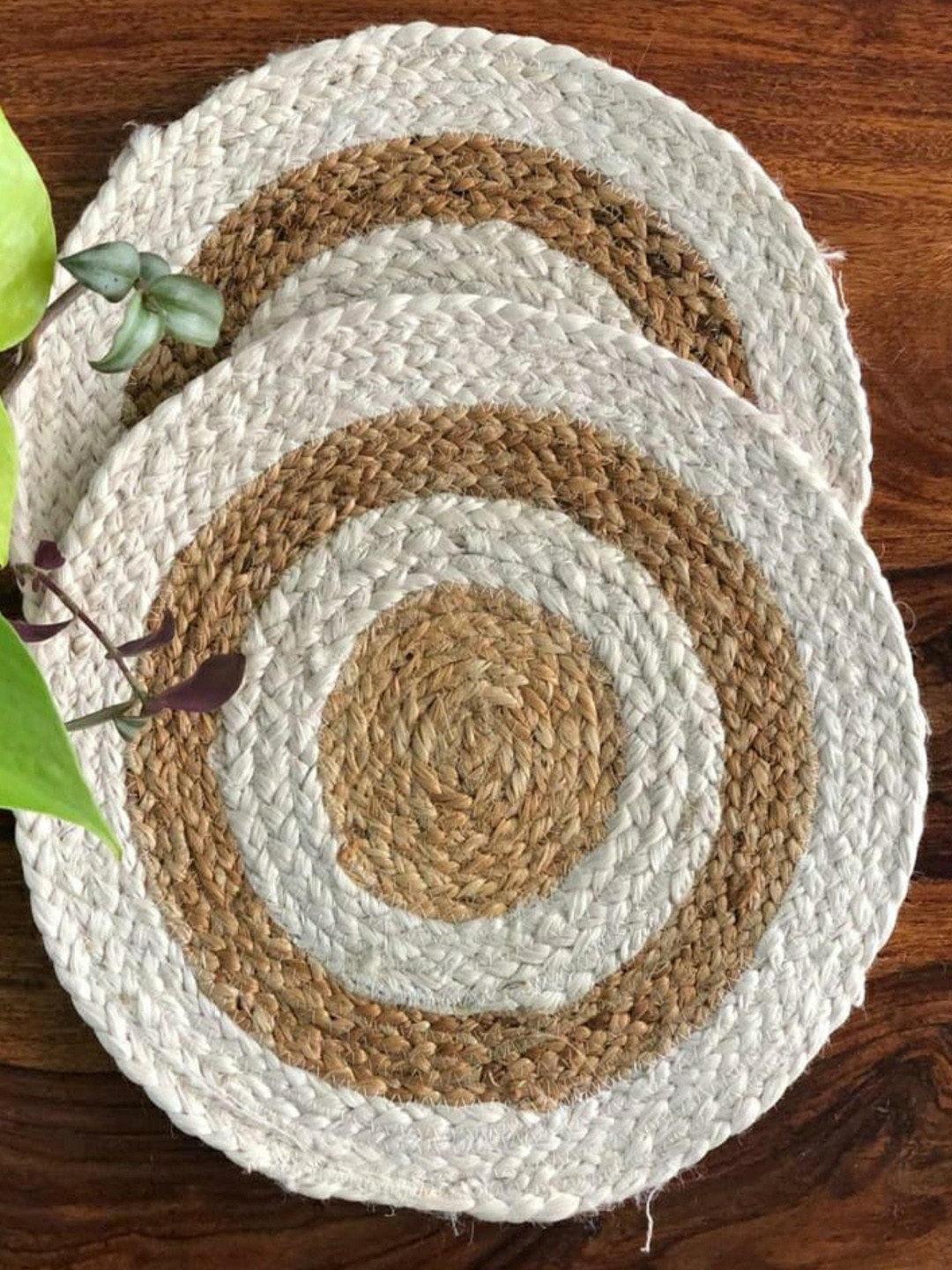 JASMEY HOMES Set Of 6 White & Beige Round Jute Table Placemats