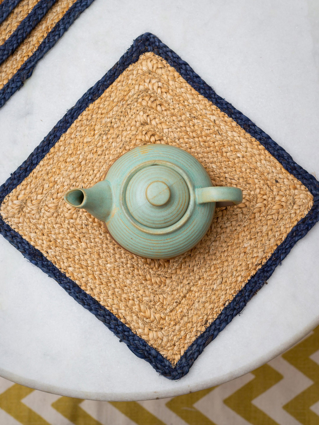 JASMEY HOMES Set Of 4 Beige & Blue Geometric Printed Jute Table Placemats