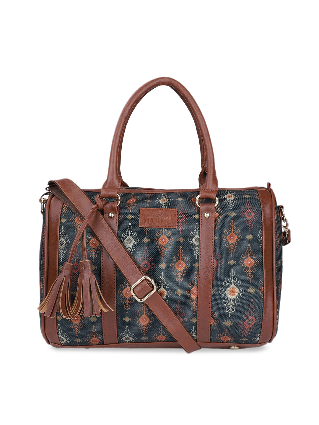 THE CLOWNFISH Percy Green Printed Structured Handheld Bag with Tasselled