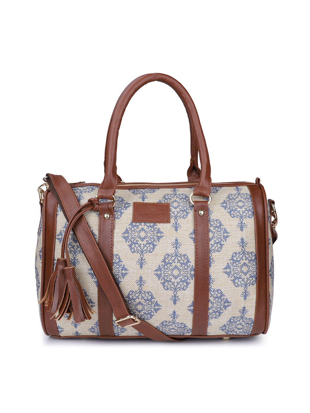 THE CLOWNFISH Percy Off White Printed Structured Handheld Bag with Tasselled