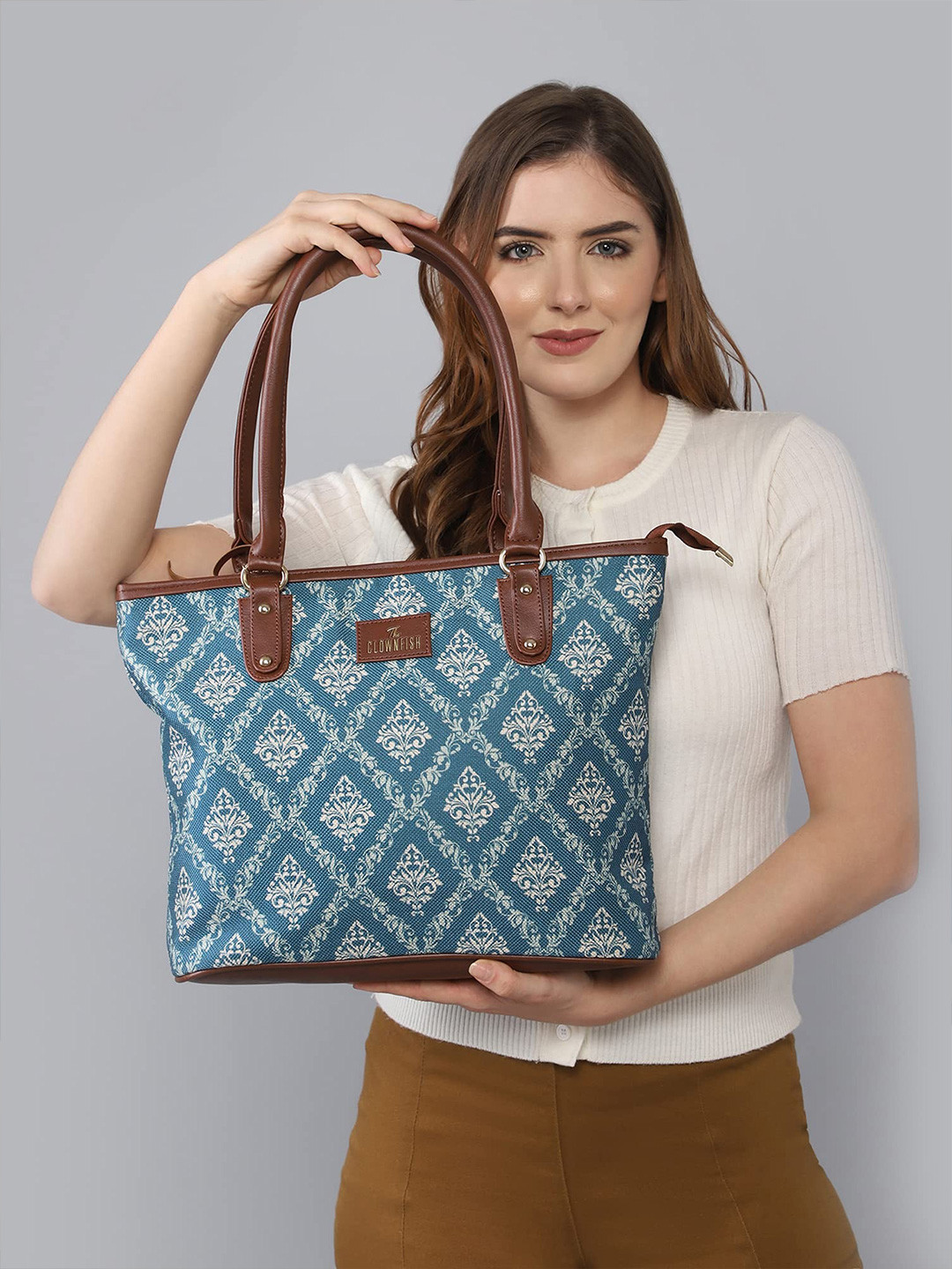 THE CLOWNFISH Percy Blue Ethnic Motifs Printed Structured Shoulder Bag with Tasselled