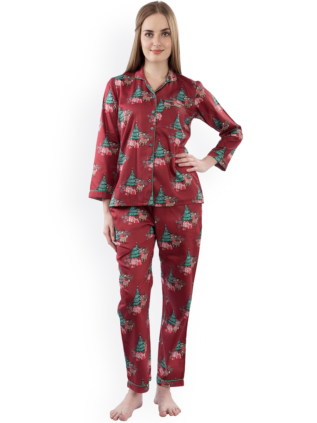 Pyjama Party Women Maroon & Green Printed Pure Cotton Night suit