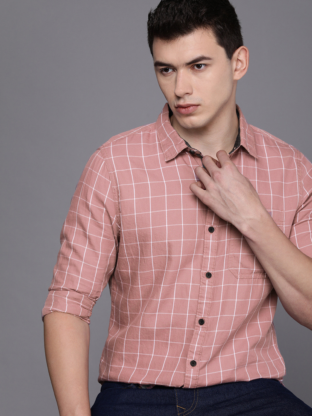 WROGN Men Pink And White Slim Fit Grid Tattersall Checked  Cotton Casual Shirt