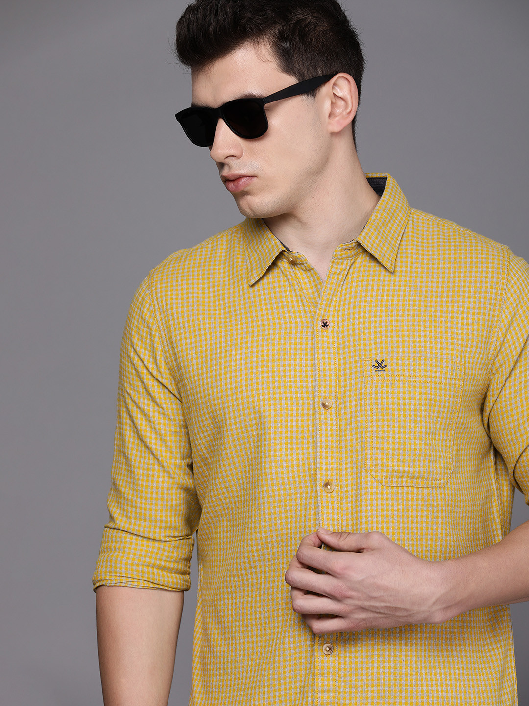 WROGN Men Yellow & Grey Slim Fit Micro Checks Casual Shirt