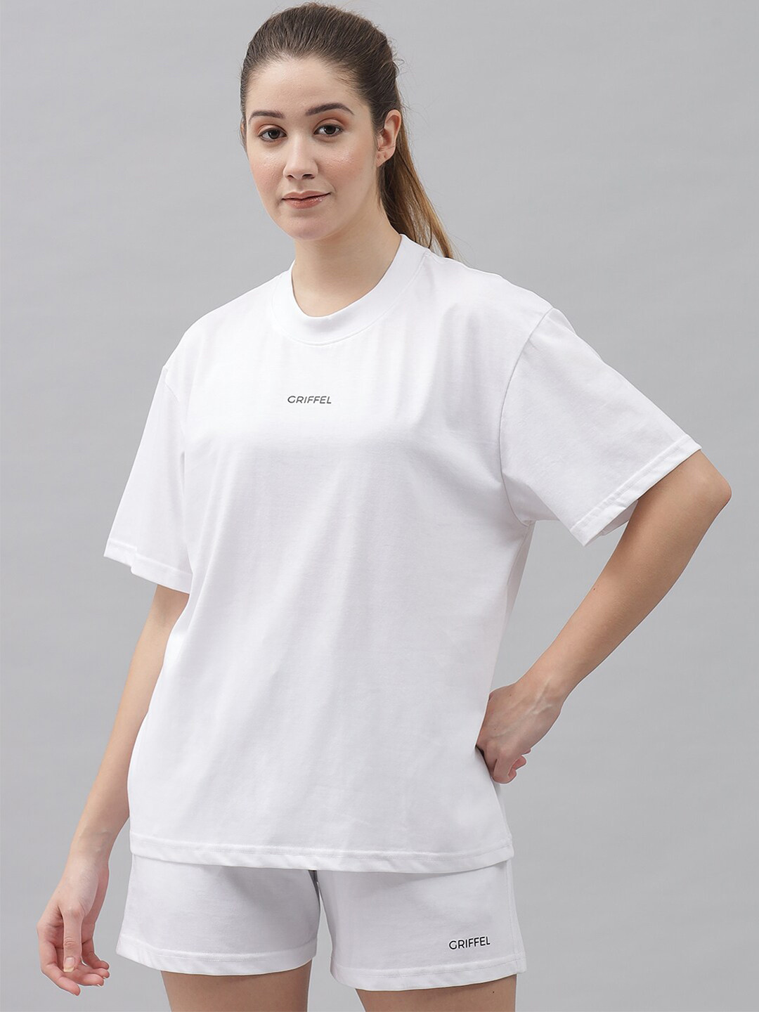 GRIFFEL Women White Solid T-shirt with Shorts