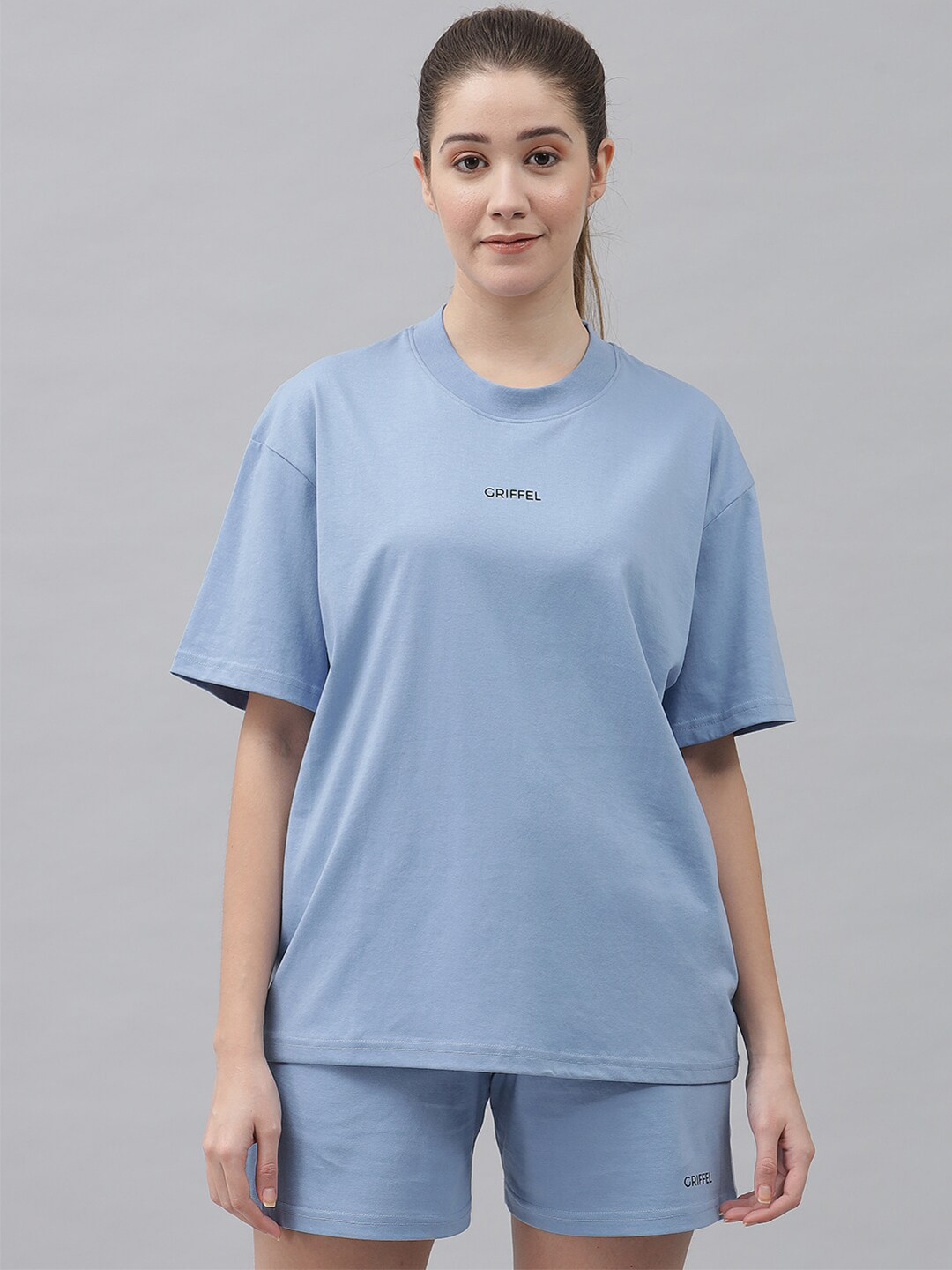 GRIFFEL Women Blue Solid Oversized T-Shirt and Short Co-Ords