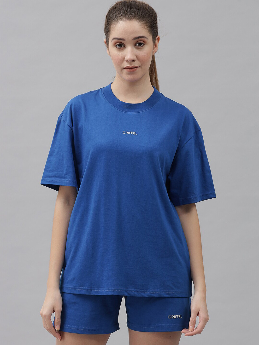 GRIFFEL Women Blue Solid Pure Cotton T-shirt with Shorts