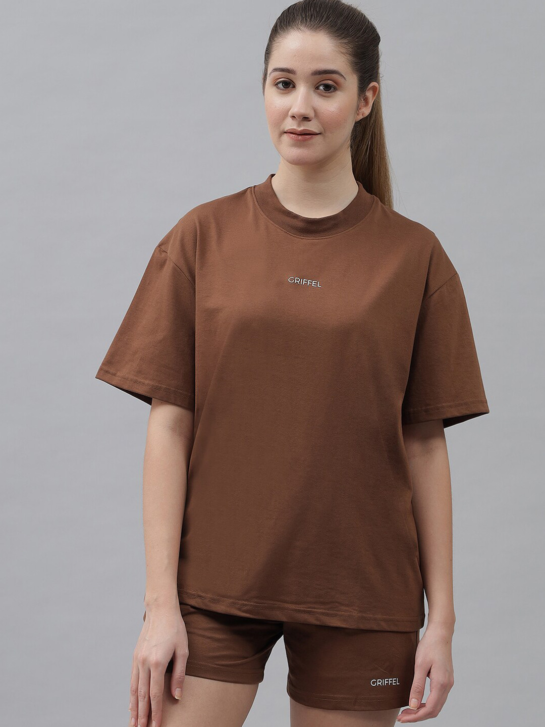GRIFFEL Women Coffee Brown Solid Oversized T-Shirt and Short Co-Ords