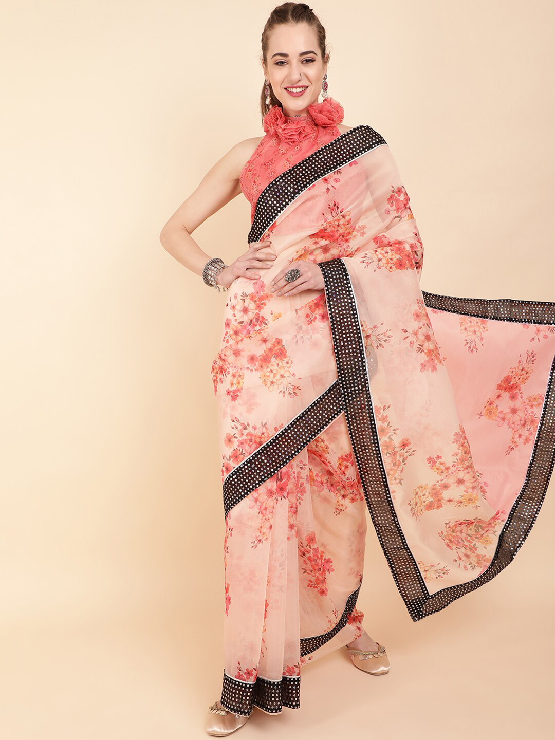 Sangria Rose & Black Floral Sequinned Organza Saree