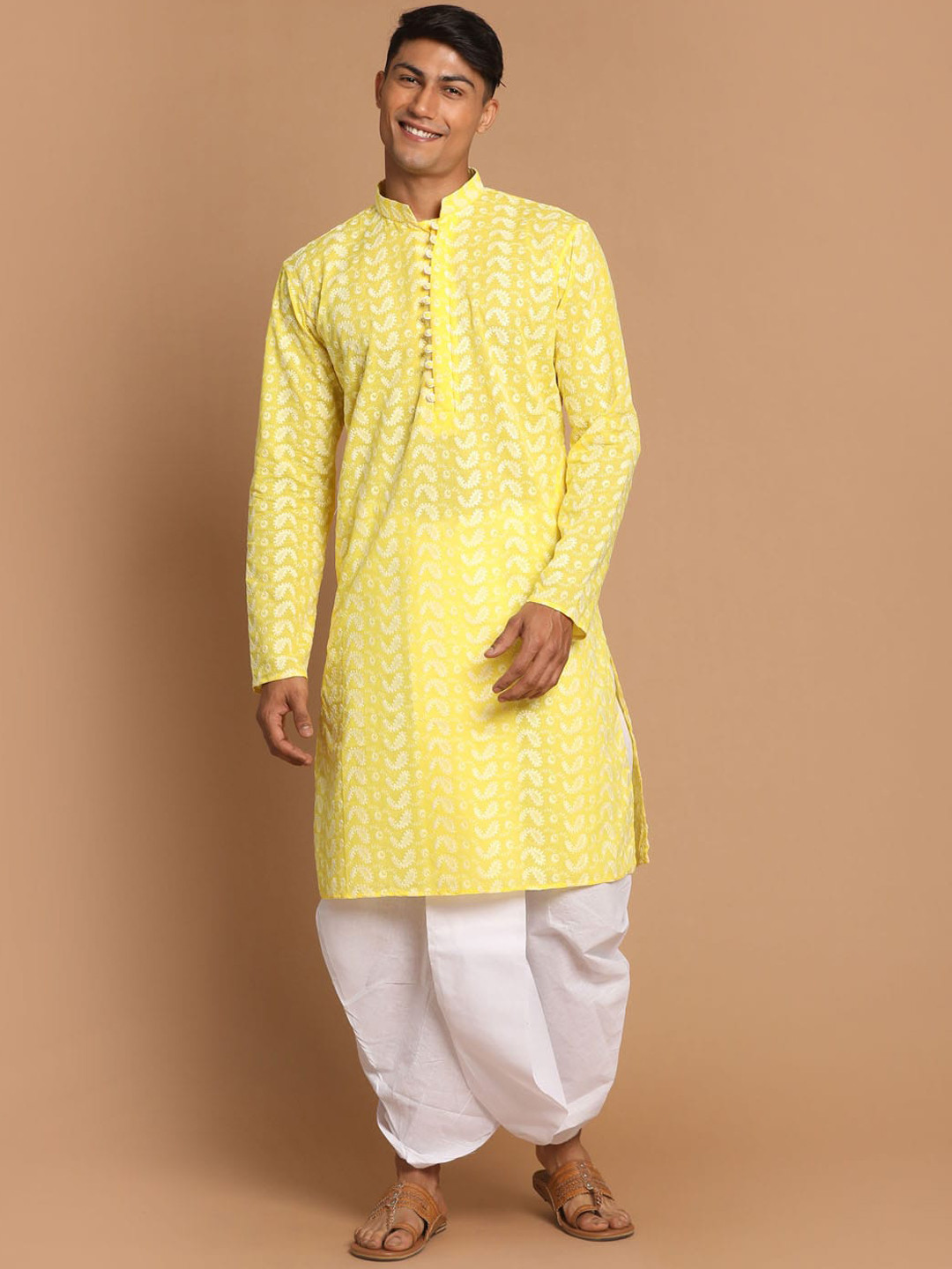 VASTRAMAY Men Mustard And White Pure Cotton Chikankari kurta With Dhoti Set