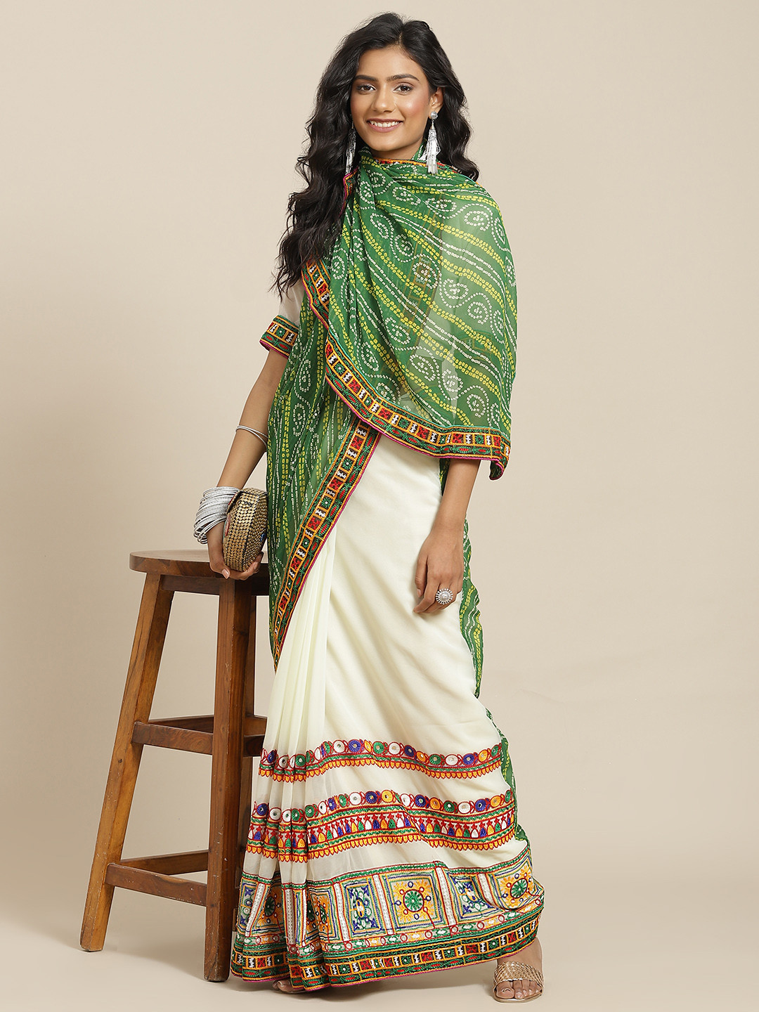SERONA FABRICS Green & White Bandhani Kutchi Embroidery Pure Georgette Half and Half Saree