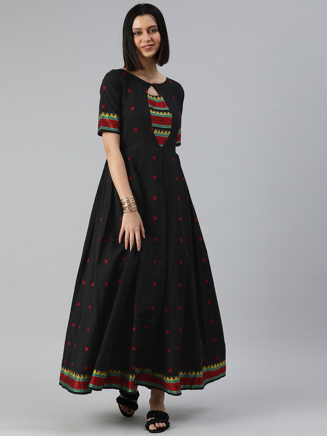 Swishchick Black & Red Yoke Woven Design Cut-Out Panelled Cotton Maxi Fit & Flare Dress