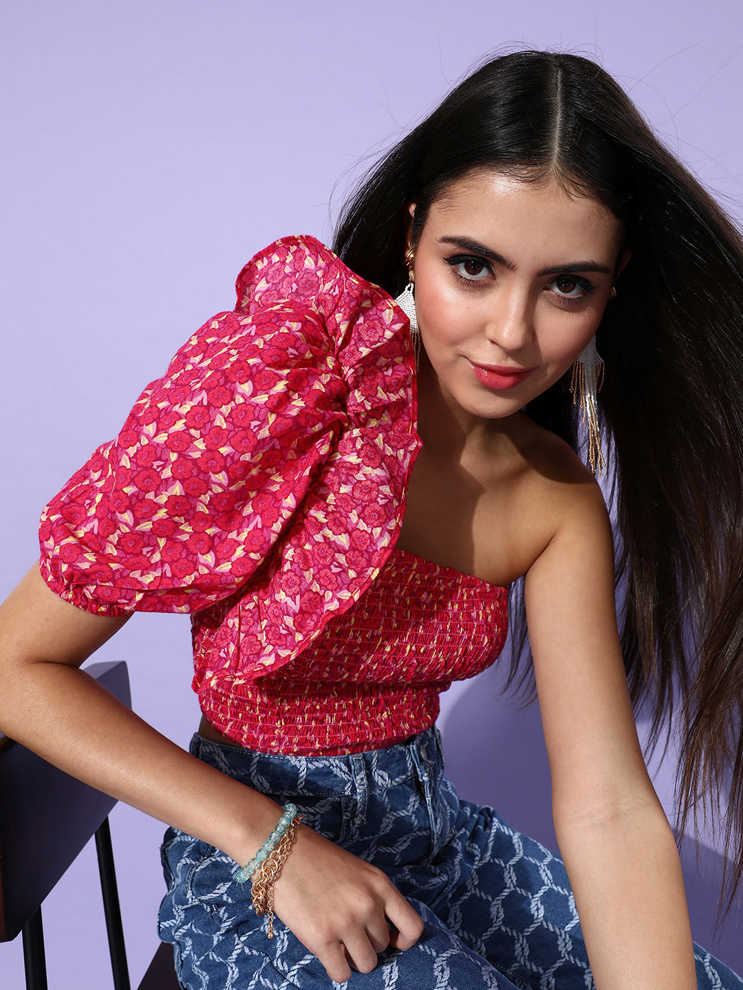 Zastraa Women Pink & Yellow Pure Cotton Floral Print One Shoulder Smocked Crop Top