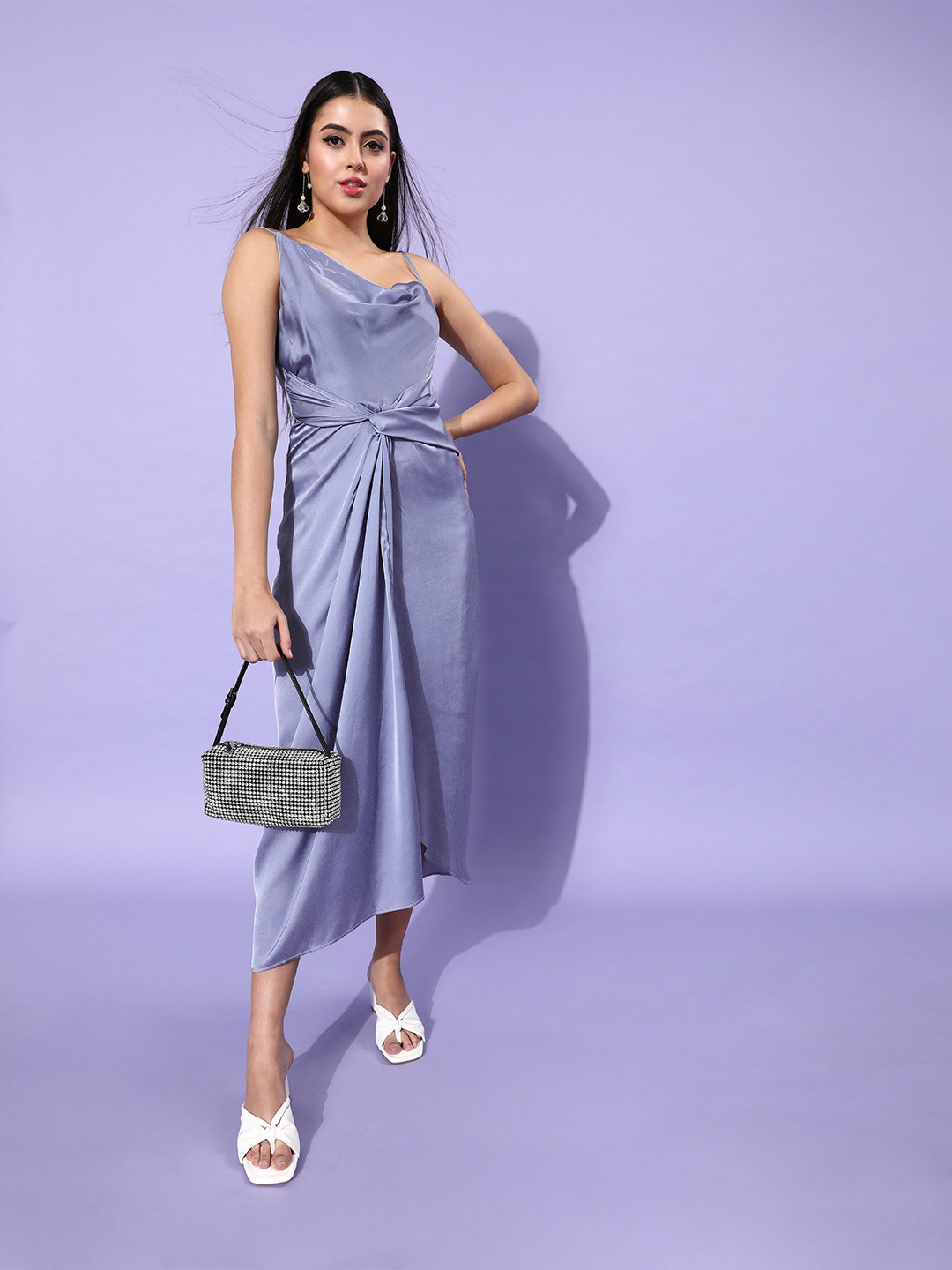 Zastraa Women Beautiful Blue Solid Cowl Neck Dress