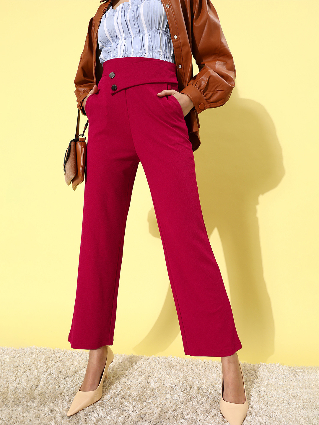 Zastraa Women Stylish Pink Solid Elevated Bottom Trousers