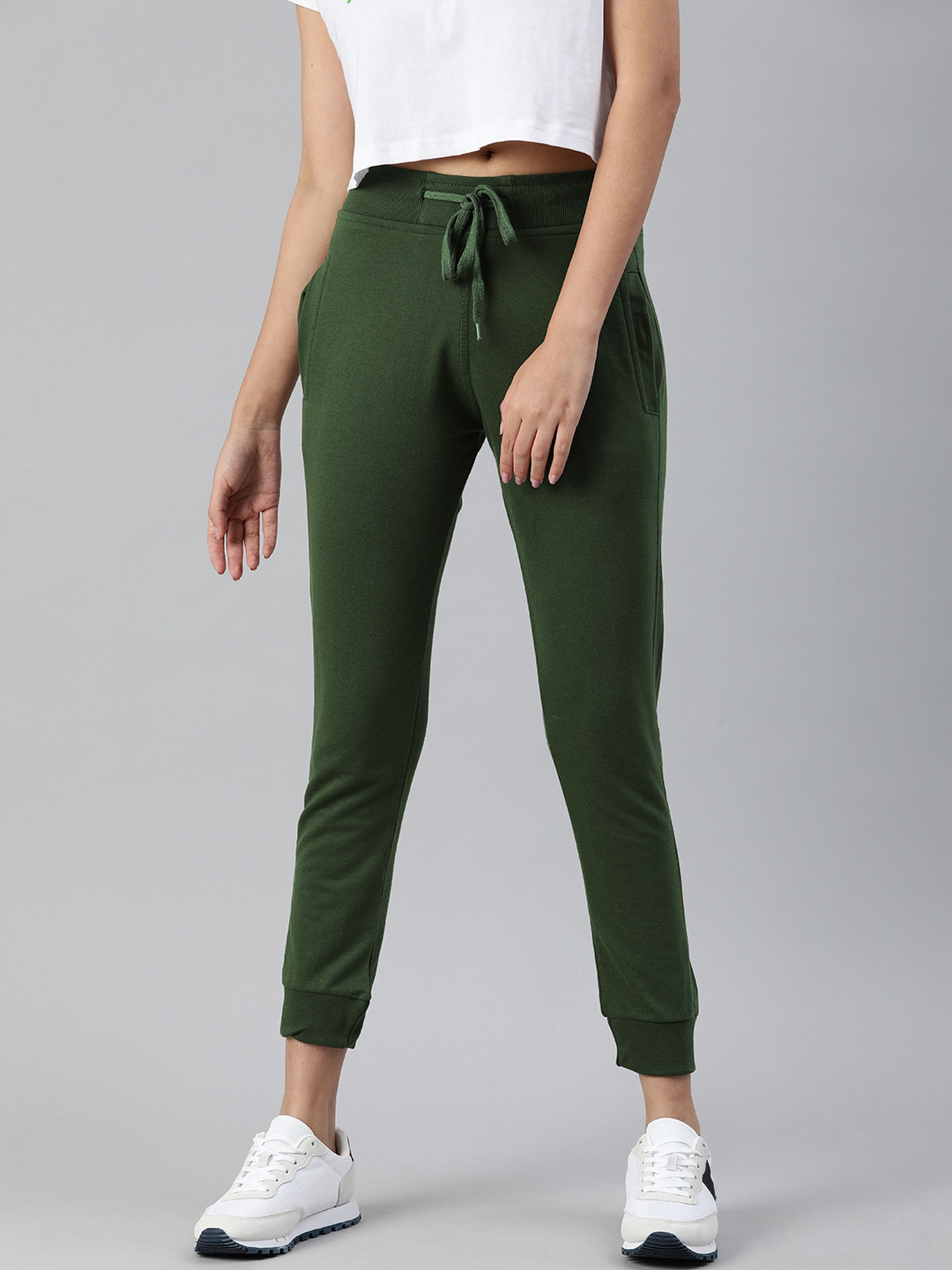ADBUCKS Women Olive Green Solid Pure Cotton Running Joggers