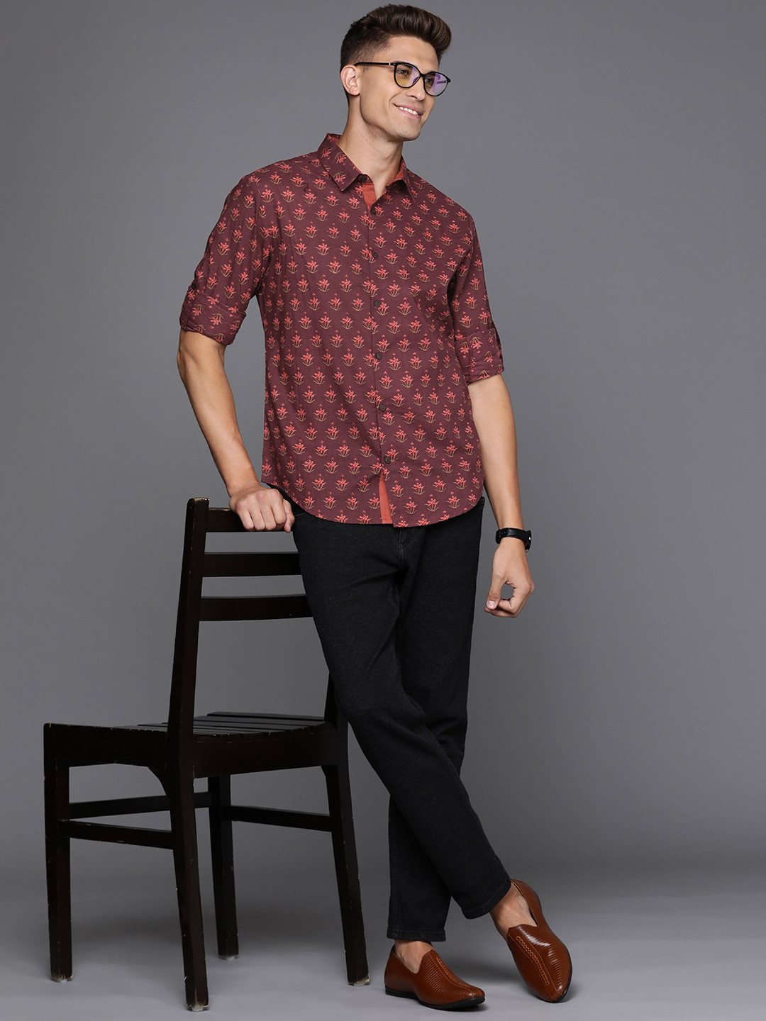 Indo Era Men Maroon & Peach-Coloured Smart Printed Cotton Casual Shirt