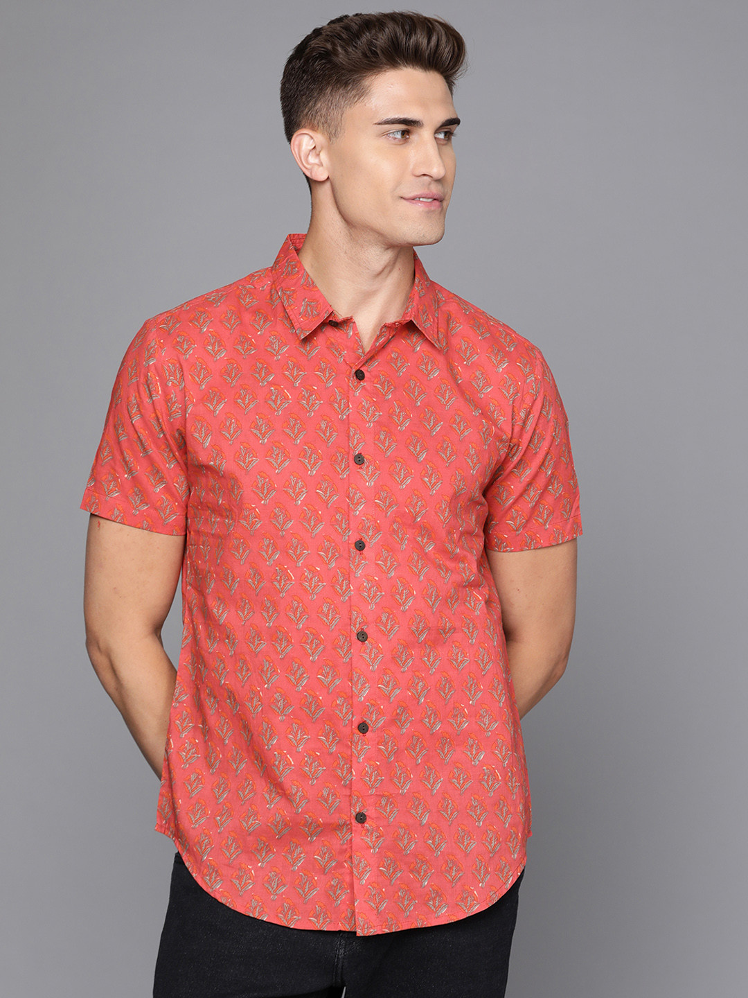 Indo Era Men Coral Pink & Grey Smart Floral Printed Cotton Casual Shirt