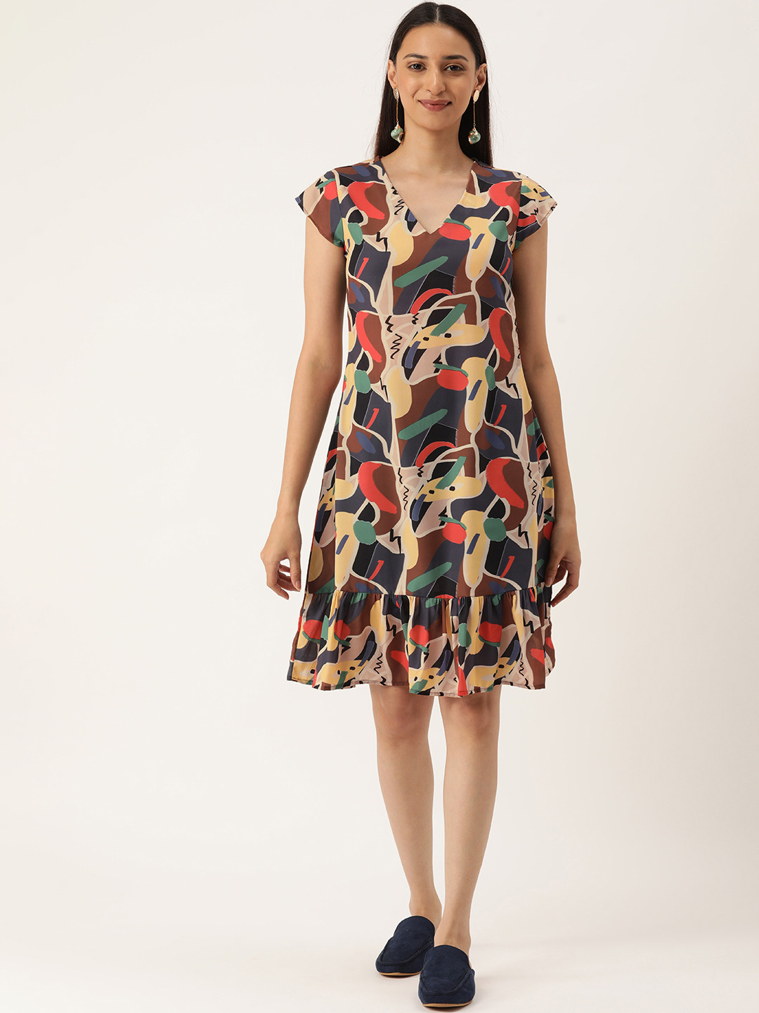 MELOSO Women Brown & Navy Blue Abtract Printed A-Line Dress