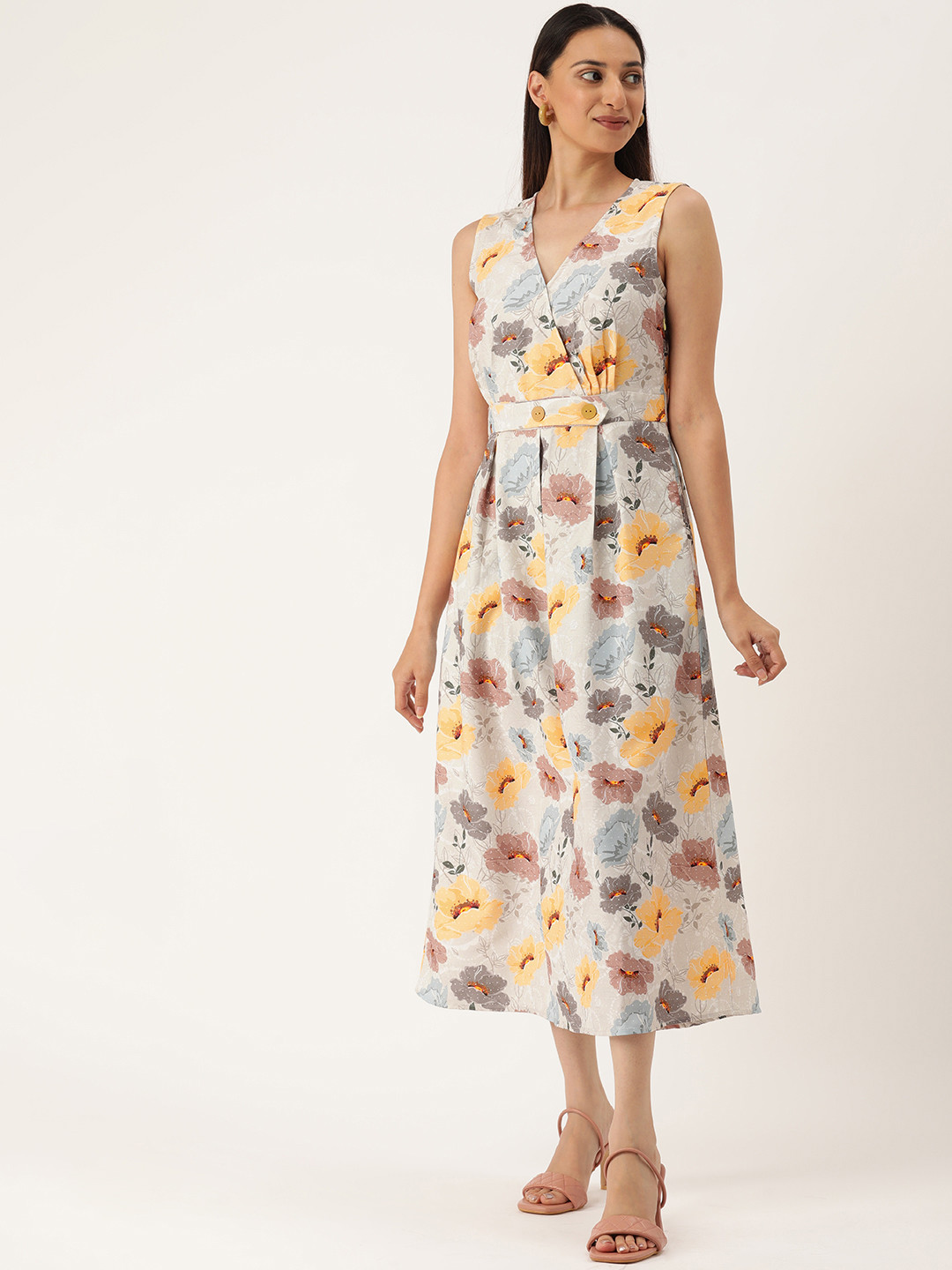 MELOSO Women Grey & Yellow Floral Printed Wrap Maxi Dress