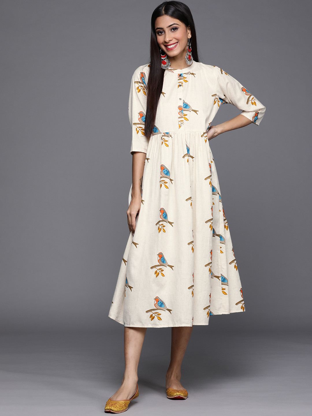Libas Off White & Blue Bird Print Cotton Midi Fit and Flare Dress