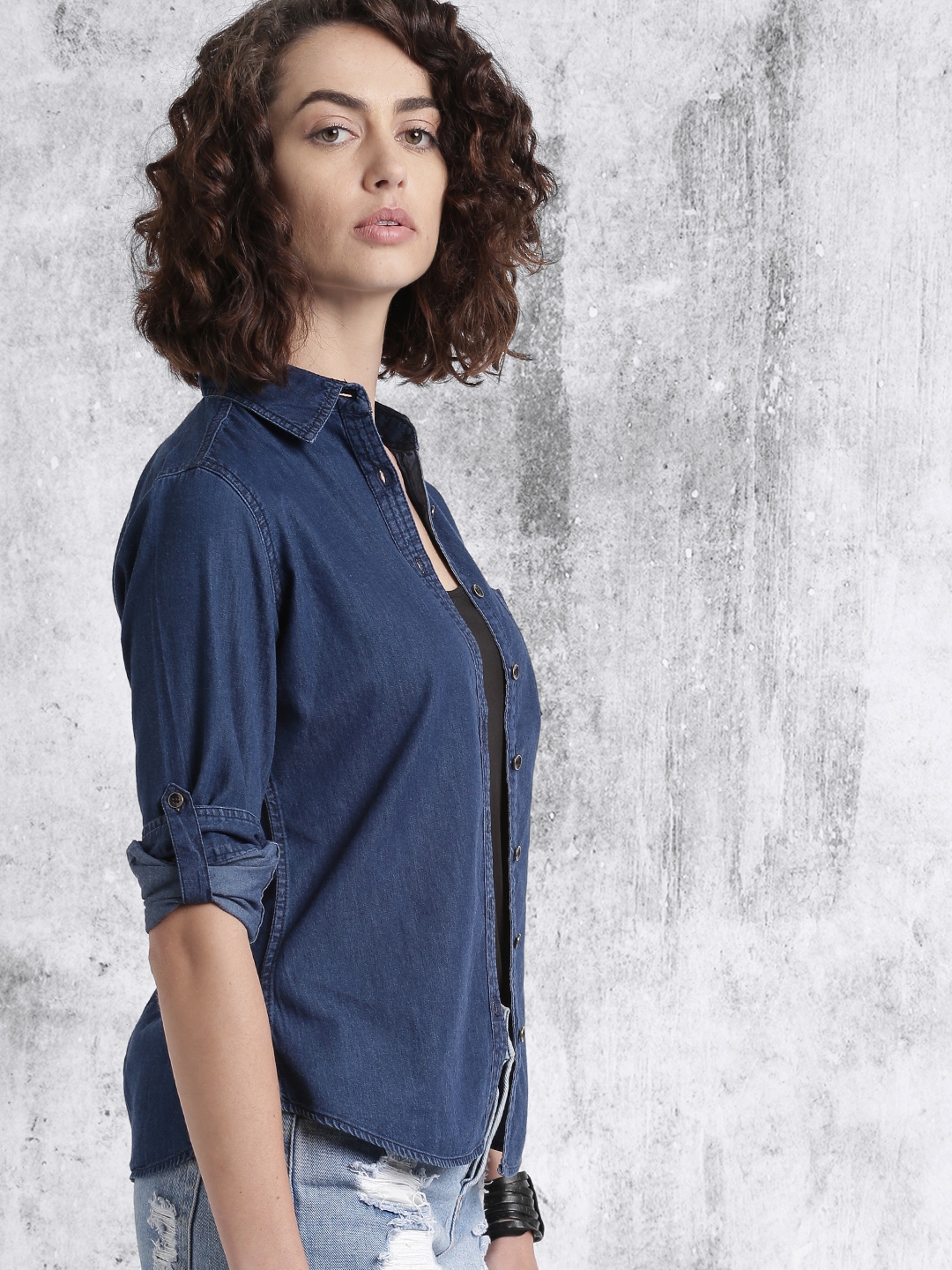 Roadster Women Blue Solid Denim Casual Shirt Roadster Shirts
