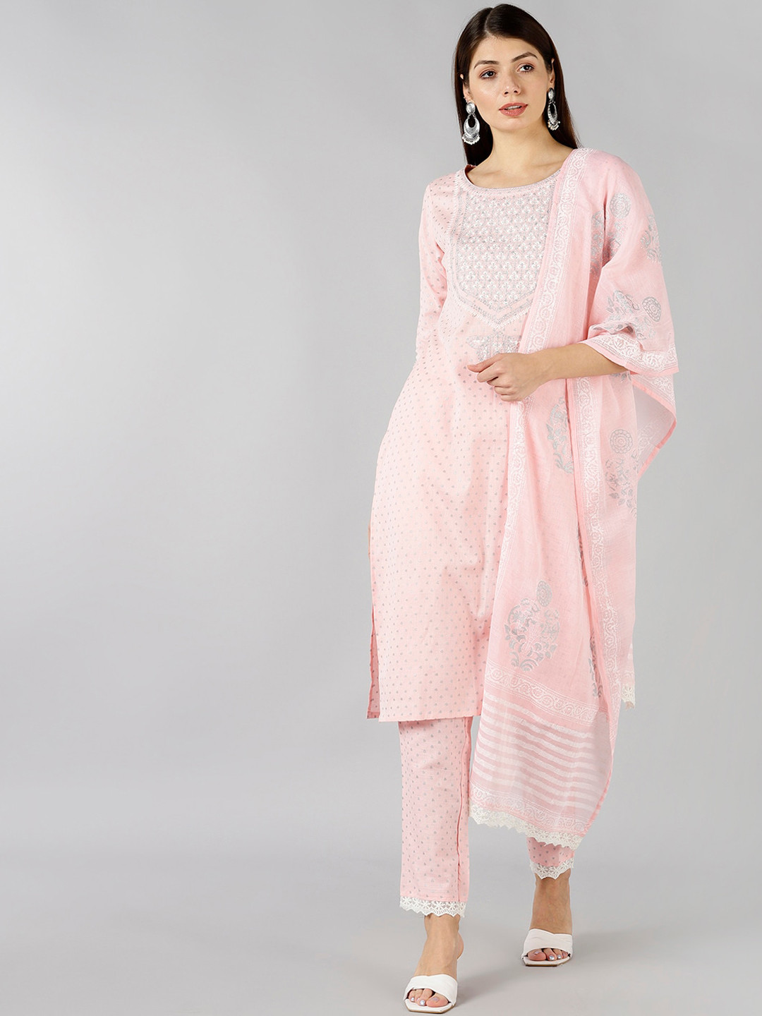 Bani Women Pink Printed Panelled Pure Cotton Kurta with Trousers & With Dupatta