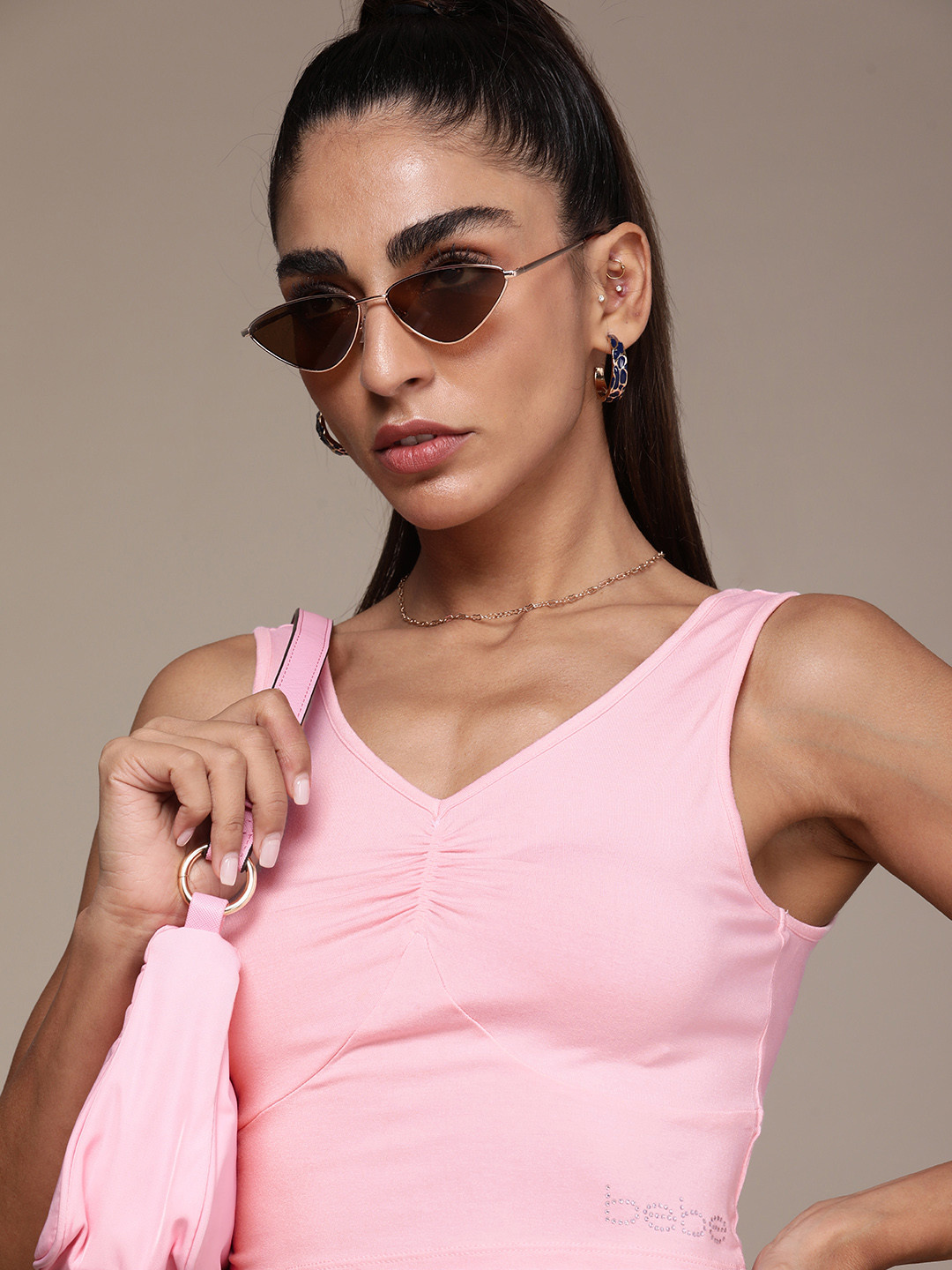 bebe Romance Rose Essential Solid Gathered Detail Crop Top