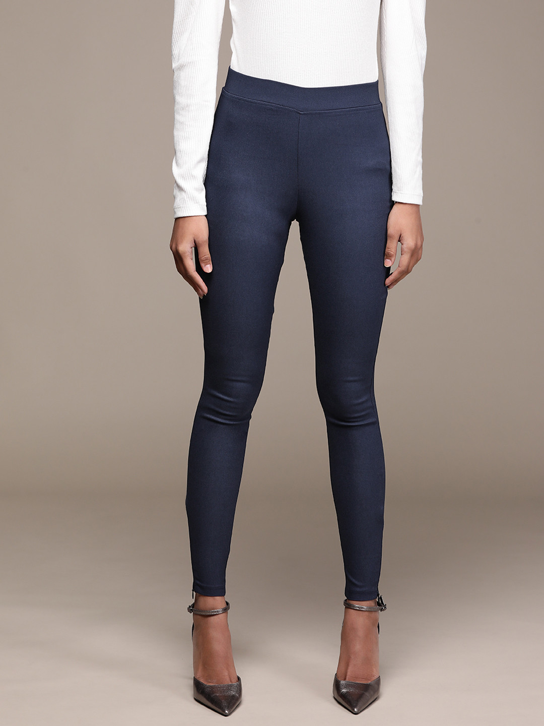 bebe Women Navy Blue Solid Treggings