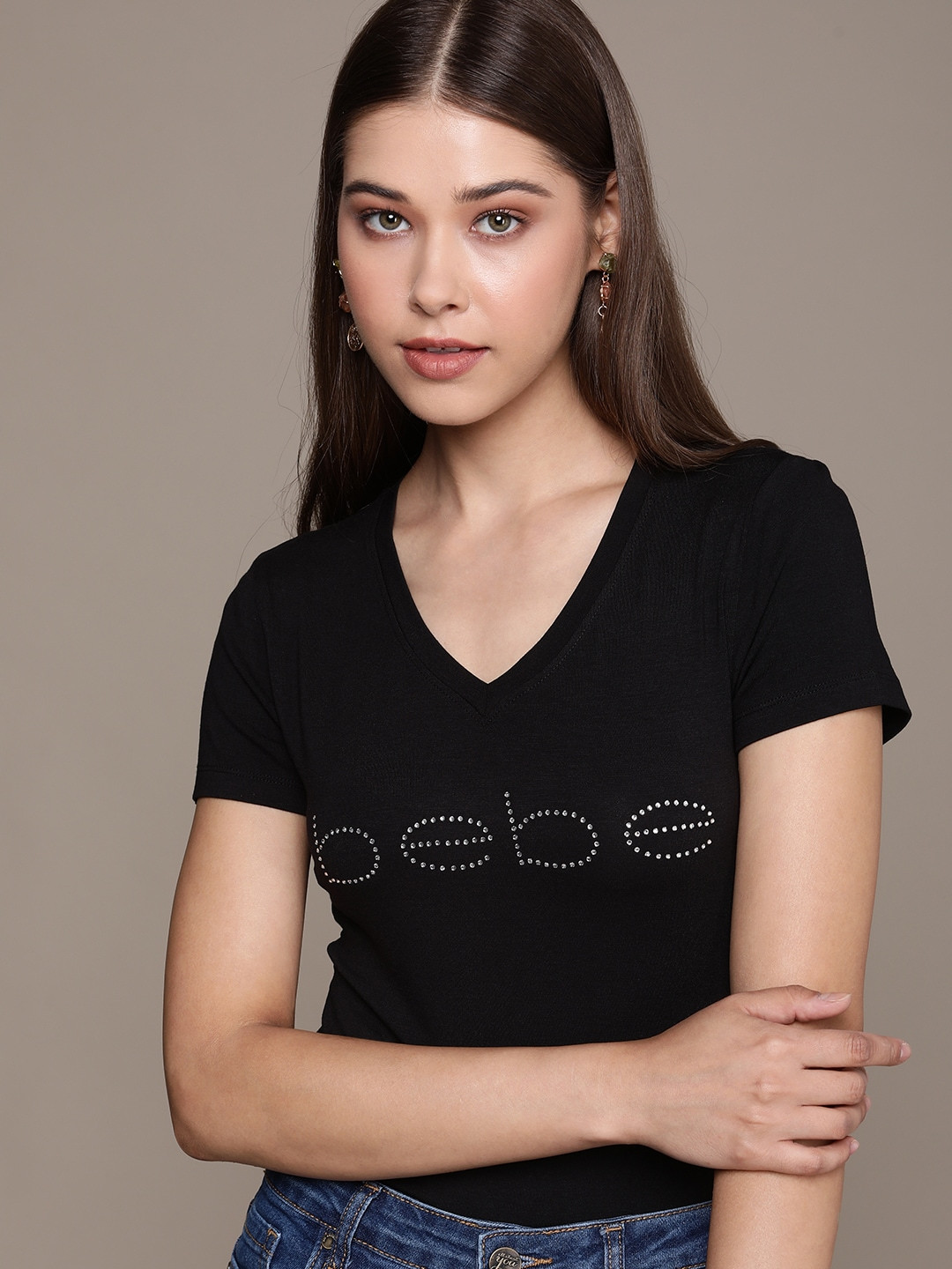 bebe Women Black Essential Brand Logo Embellished V-Neck T-shirt