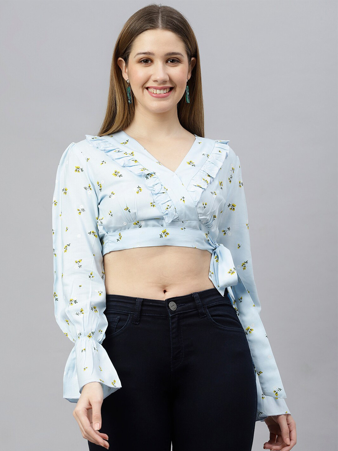 FLAMBOYANT Blue & Yellow Floral Print Ruffles Wrap Crop Top