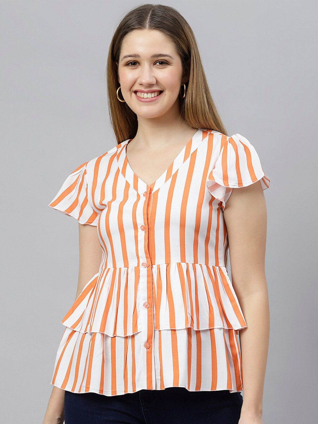 FLAMBOYANT Women Orange & White Striped Ruffles Peplum Top