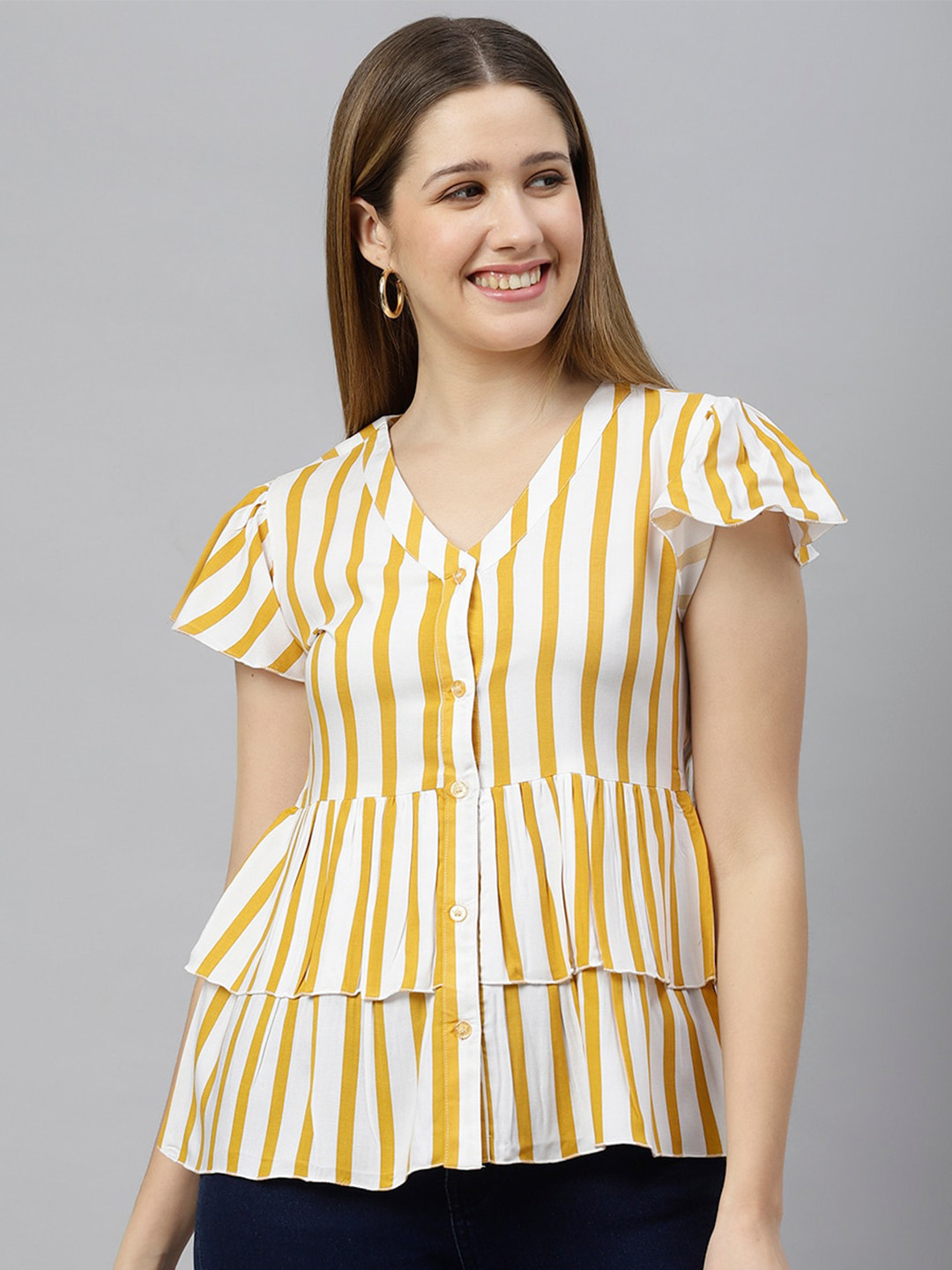 FLAMBOYANT Yellow Striped Tiered Top