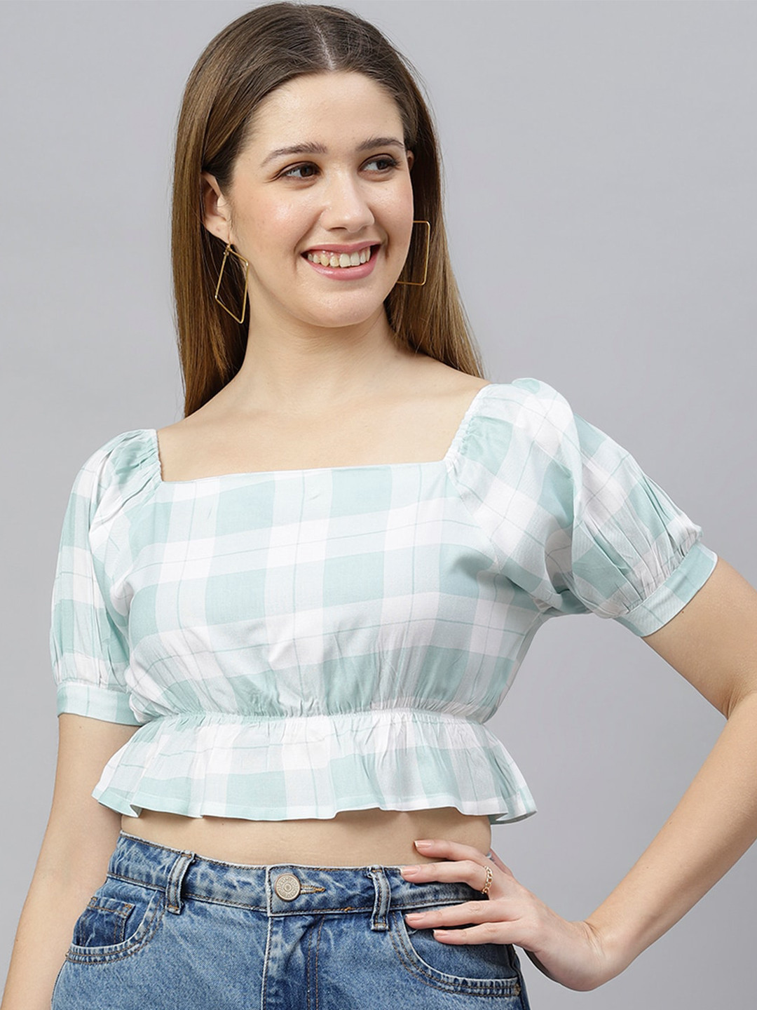 FLAMBOYANT Women Green Checked Cinched Waist Crop Top