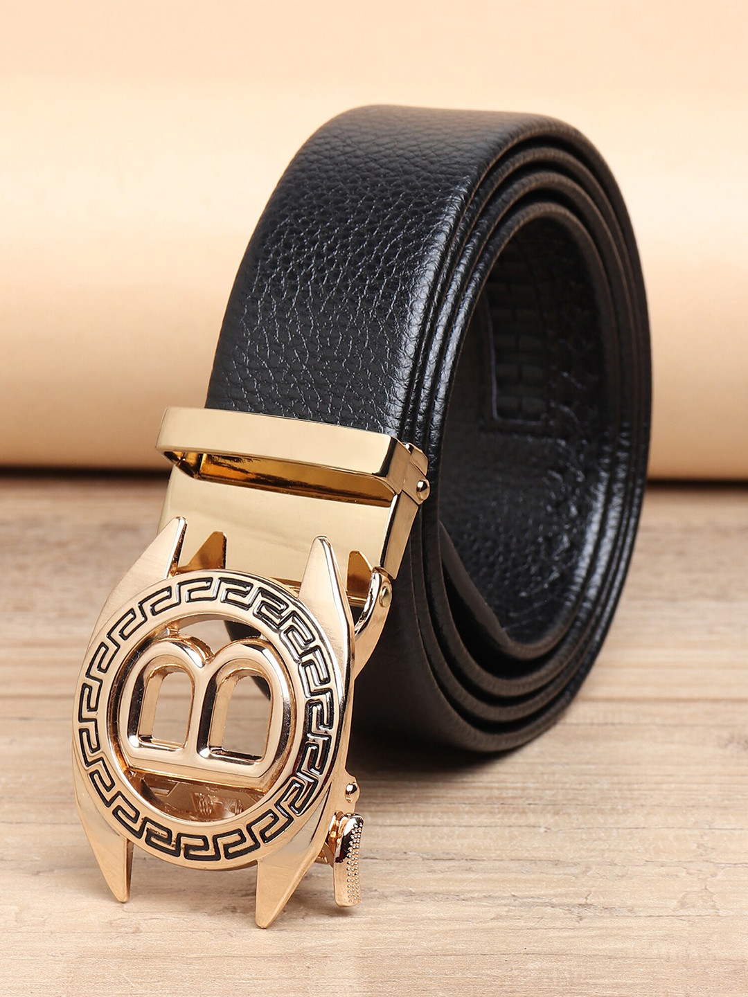 ZORO Men Black Textured Alphabet Letter B Autolock Buckle Belt