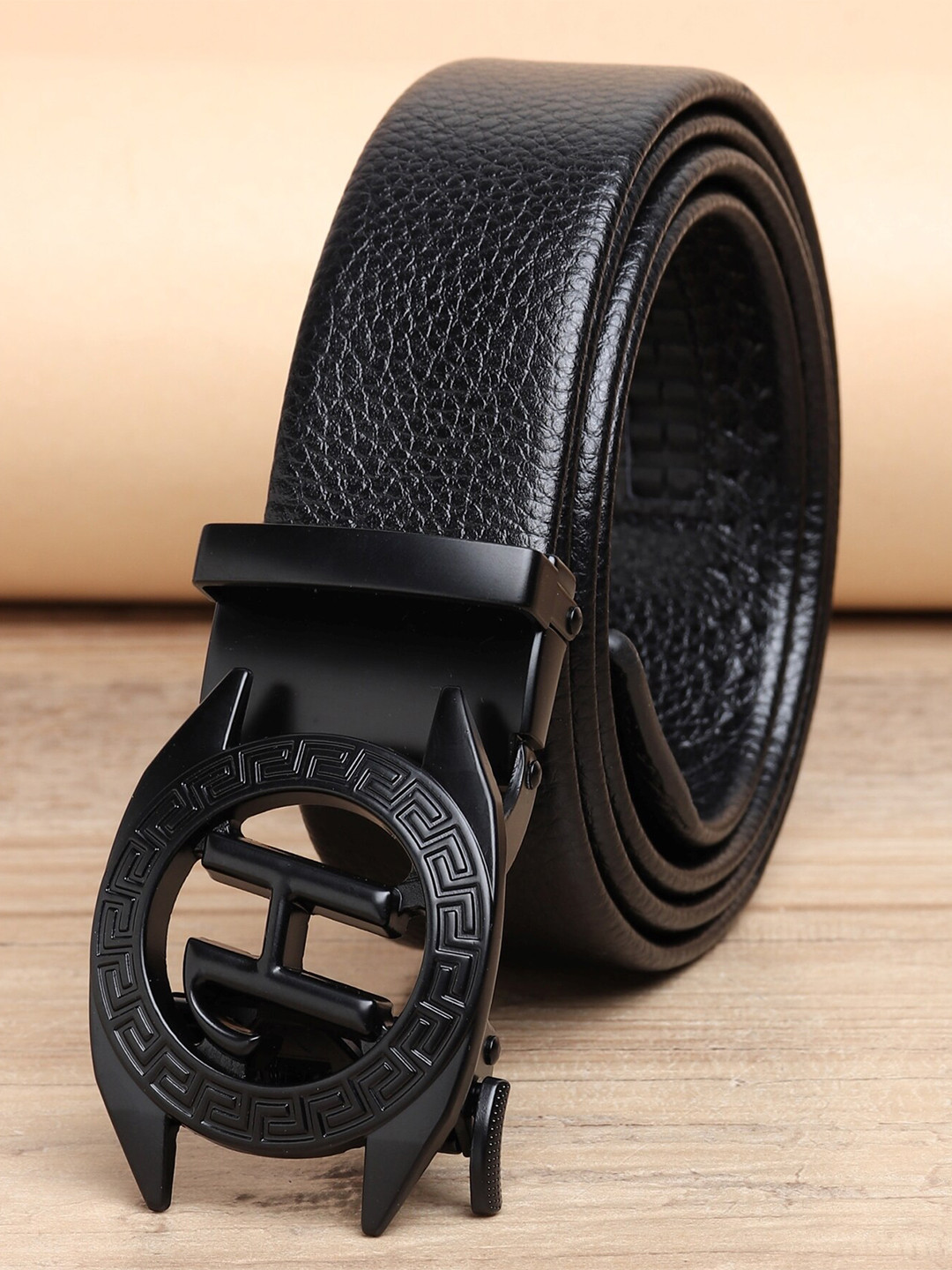 ZORO Men Black Textured Alphabet Letter H Autolock Buckle Belt