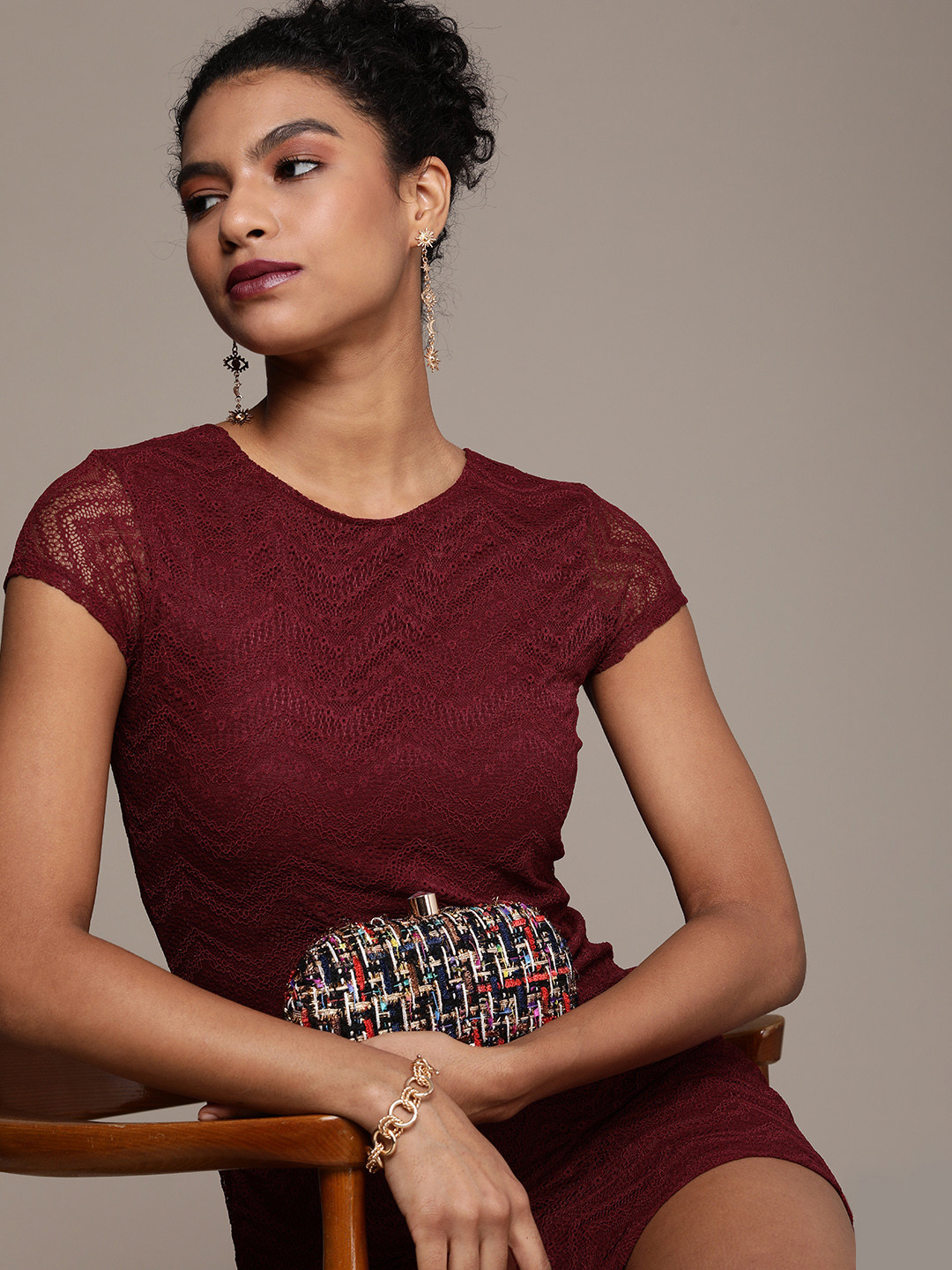 bebe Women Wine Party Lace Detailed Casual Bodycon Dress